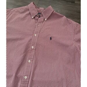 Ralph Lauren Polo Shirt Mens L Red Plaid Sleeve Blake 100% Two Ply Cotton Button